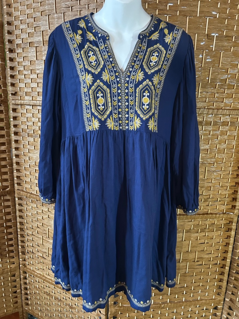 Solitaire Anthropologie Embroidered Boho Tunic Dress Navy Gold M
